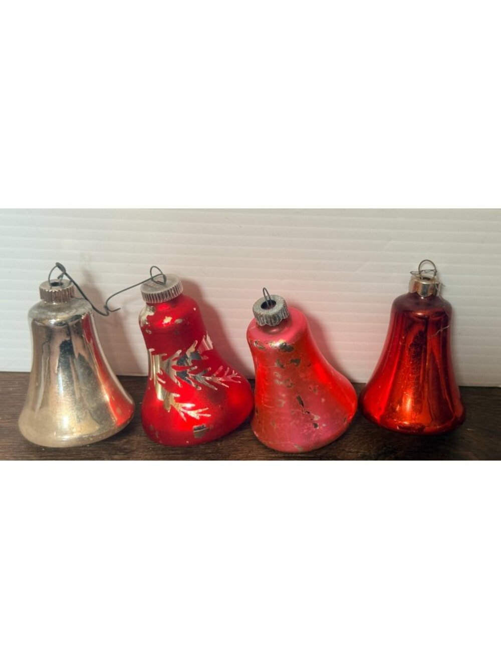 4 Vintage Glass Bell Christmas Ornaments Red Pink Silver Shiny Brite, W germany